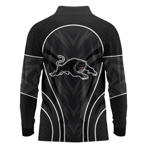 Penrith Panthers Rugby Mascot Long Sleeve Polo Shirt Australian Rugby Culture - Tribal Inspired Black Panther