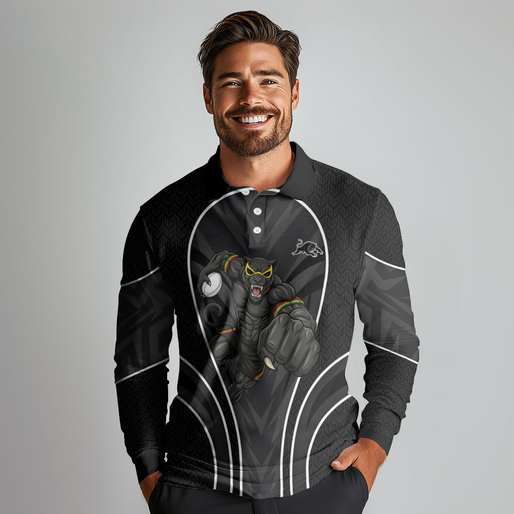 Penrith Panthers Rugby Mascot Long Sleeve Polo Shirt Australian Rugby Culture - Tribal Inspired Black Panther