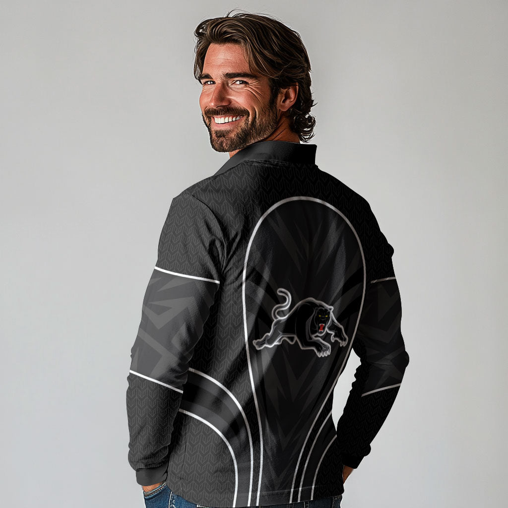 Penrith Panthers Rugby Mascot Long Sleeve Polo Shirt Australian Rugby Culture - Tribal Inspired Black Panther