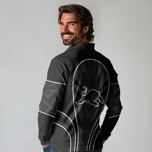 Penrith Panthers Rugby Mascot Long Sleeve Polo Shirt Australian Rugby Culture - Tribal Inspired Black Panther