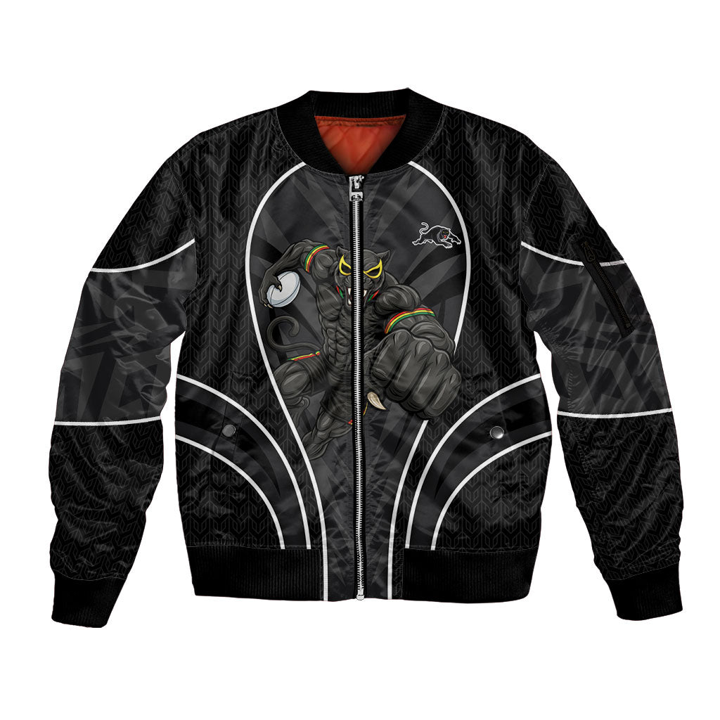 Penrith Panthers Rugby Mascot Sleeve Zip Bomber Jacket Australian Rugby Culture - Tribal Inspired Black Panther