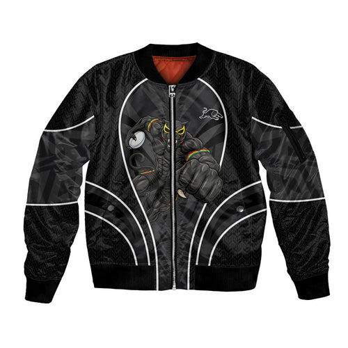 Penrith Panthers Rugby Mascot Sleeve Zip Bomber Jacket Australian Rugby Culture - Tribal Inspired Black Panther