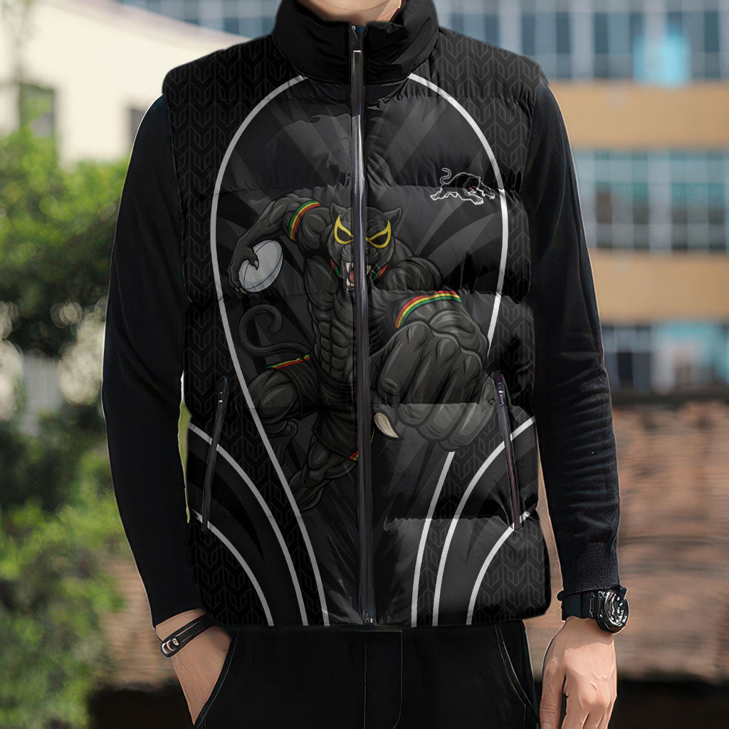 Penrith Panthers Rugby Mascot Sleeveless Puffer Jacket Australian Rugby Culture - Tribal Inspired Black Panther