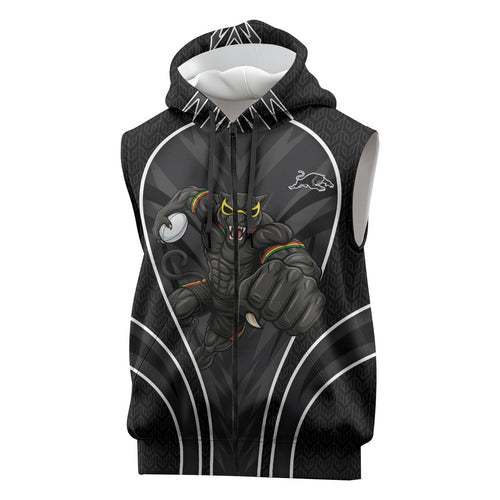 Penrith Panthers Rugby Mascot Sleeveless Zip Hoodie Australian Rugby Culture - Tribal Inspired Black Panther