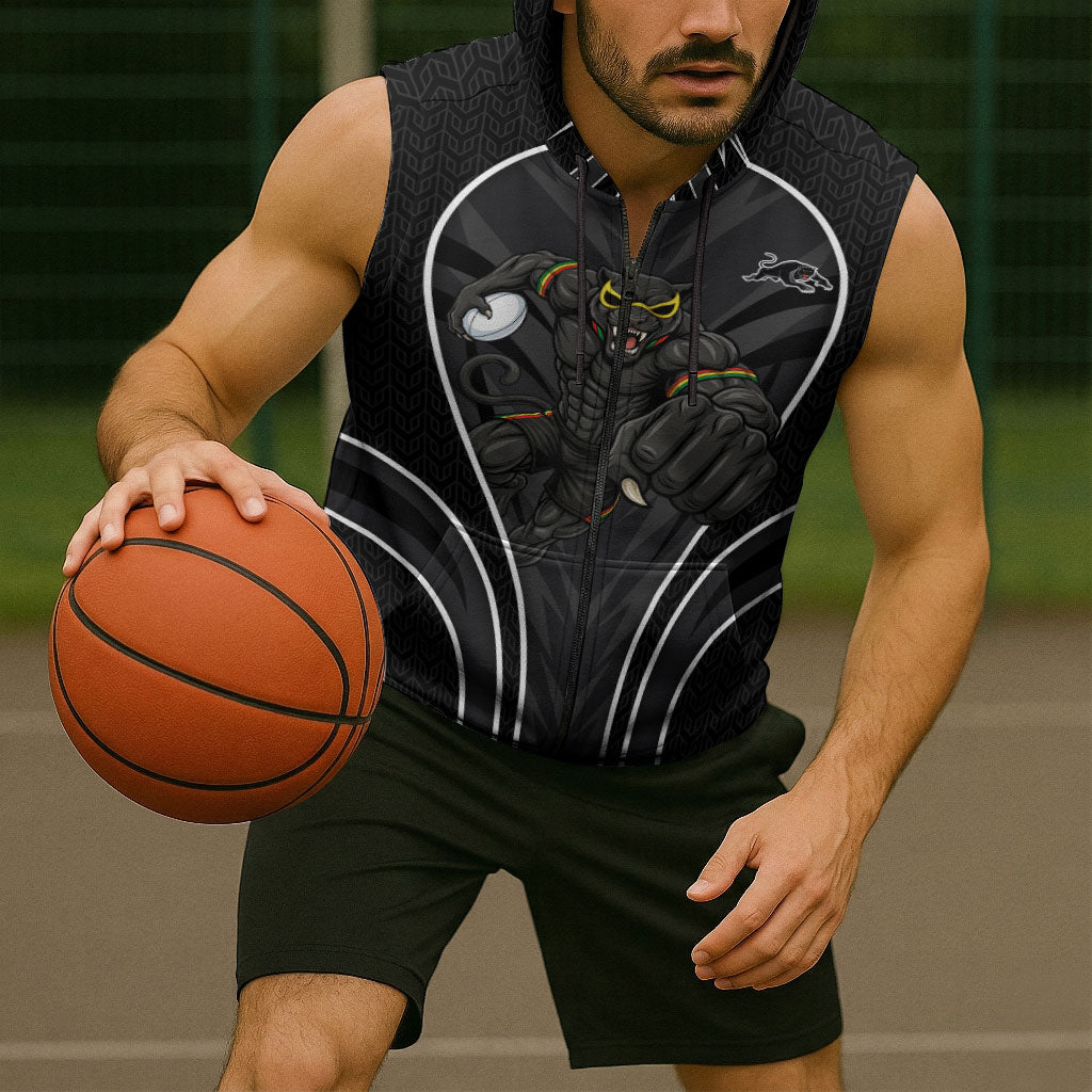 Penrith Panthers Rugby Mascot Sleeveless Zip Hoodie Australian Rugby Culture - Tribal Inspired Black Panther