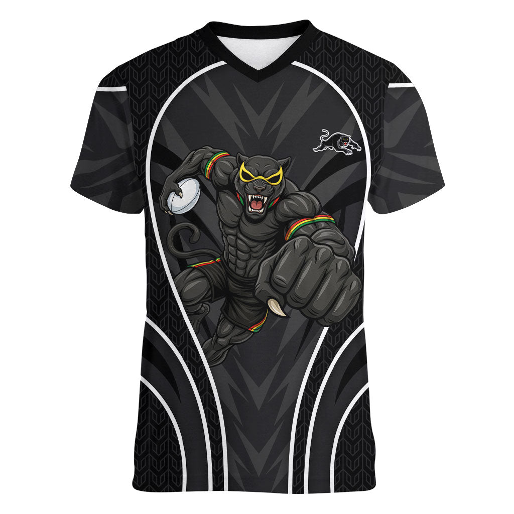 Penrith Panthers Rugby Mascot Women V-Neck T-Shirt Australian Rugby Culture - Tribal Inspired Black Panther