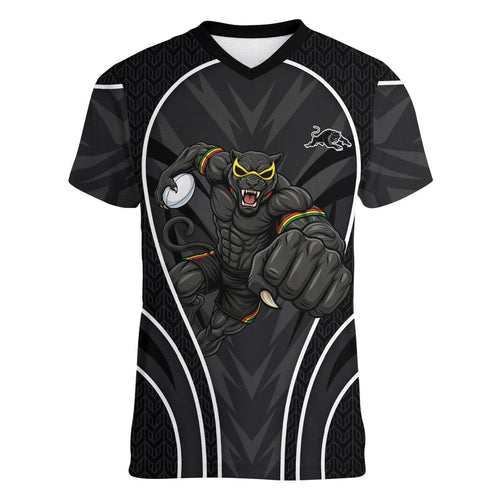 Penrith Panthers Rugby Mascot Women V-Neck T-Shirt Australian Rugby Culture - Tribal Inspired Black Panther