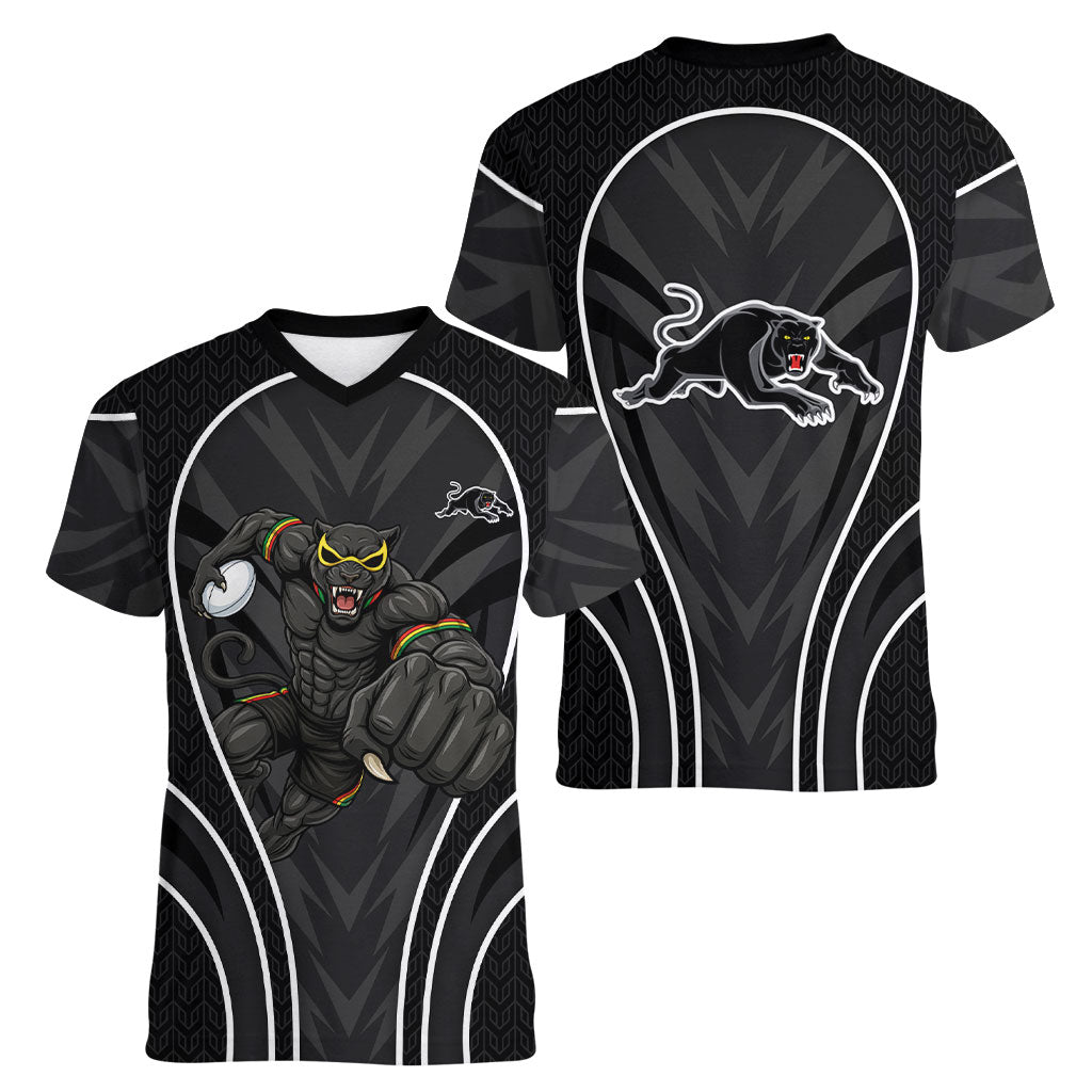 Penrith Panthers Rugby Mascot Women V-Neck T-Shirt Australian Rugby Culture - Tribal Inspired Black Panther
