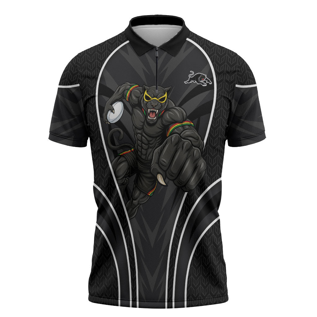 Penrith Panthers Rugby Mascot Zipper Polo Shirt Australian Rugby Culture - Tribal Inspired Black Panther