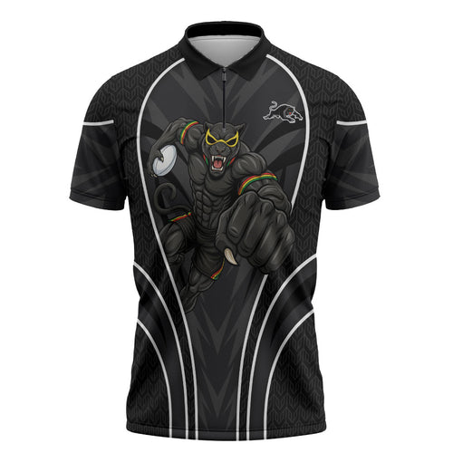Penrith Panthers Rugby Mascot Zipper Polo Shirt Australian Rugby Culture - Tribal Inspired Black Panther