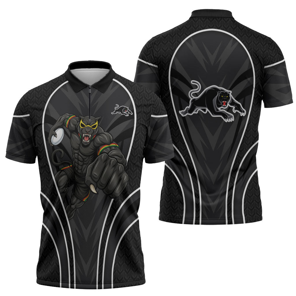 Penrith Panthers Rugby Mascot Zipper Polo Shirt Australian Rugby Culture - Tribal Inspired Black Panther