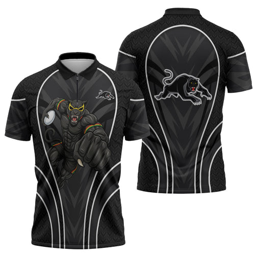 Penrith Panthers Rugby Mascot Zipper Polo Shirt Australian Rugby Culture - Tribal Inspired Black Panther