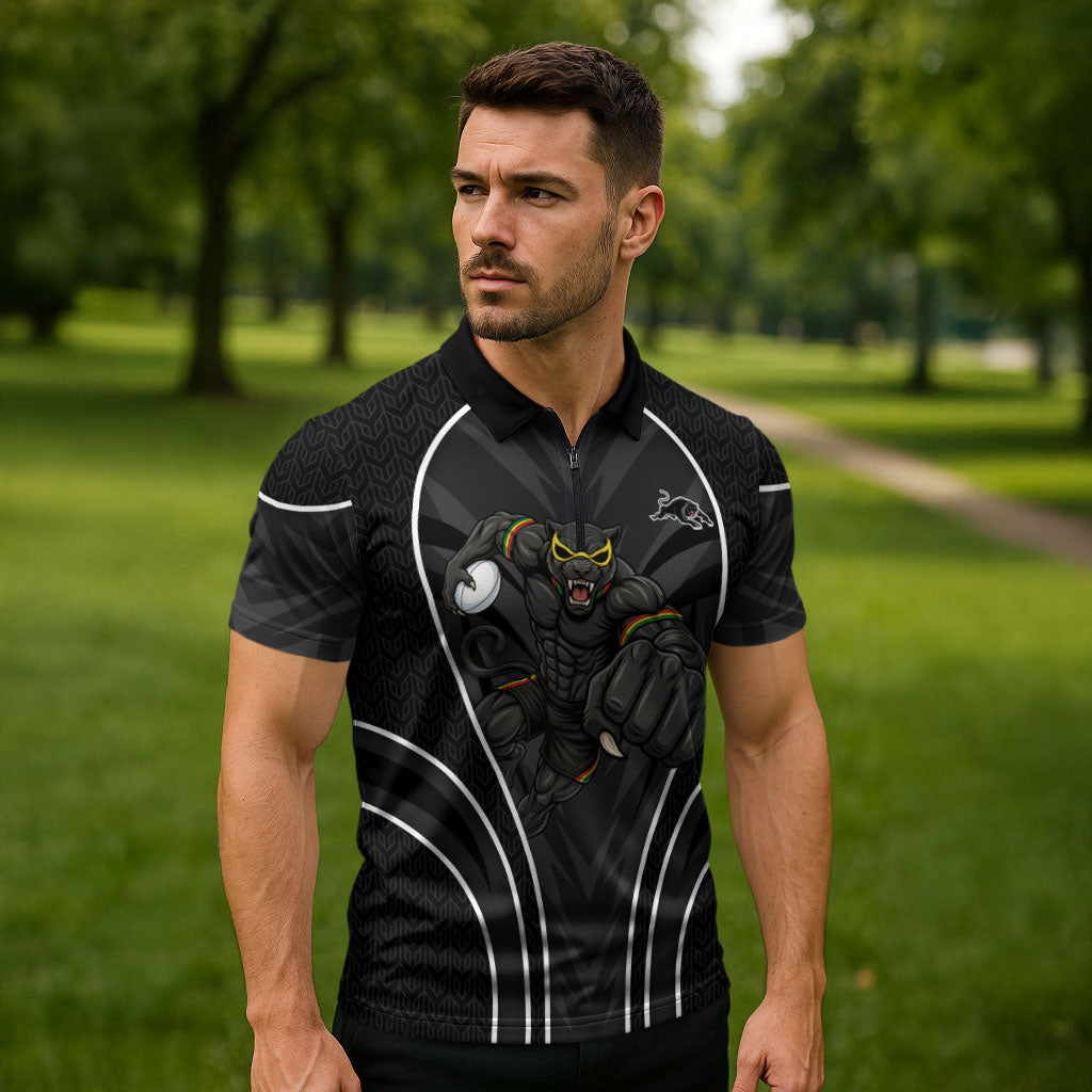 Penrith Panthers Rugby Mascot Zipper Polo Shirt Australian Rugby Culture - Tribal Inspired Black Panther