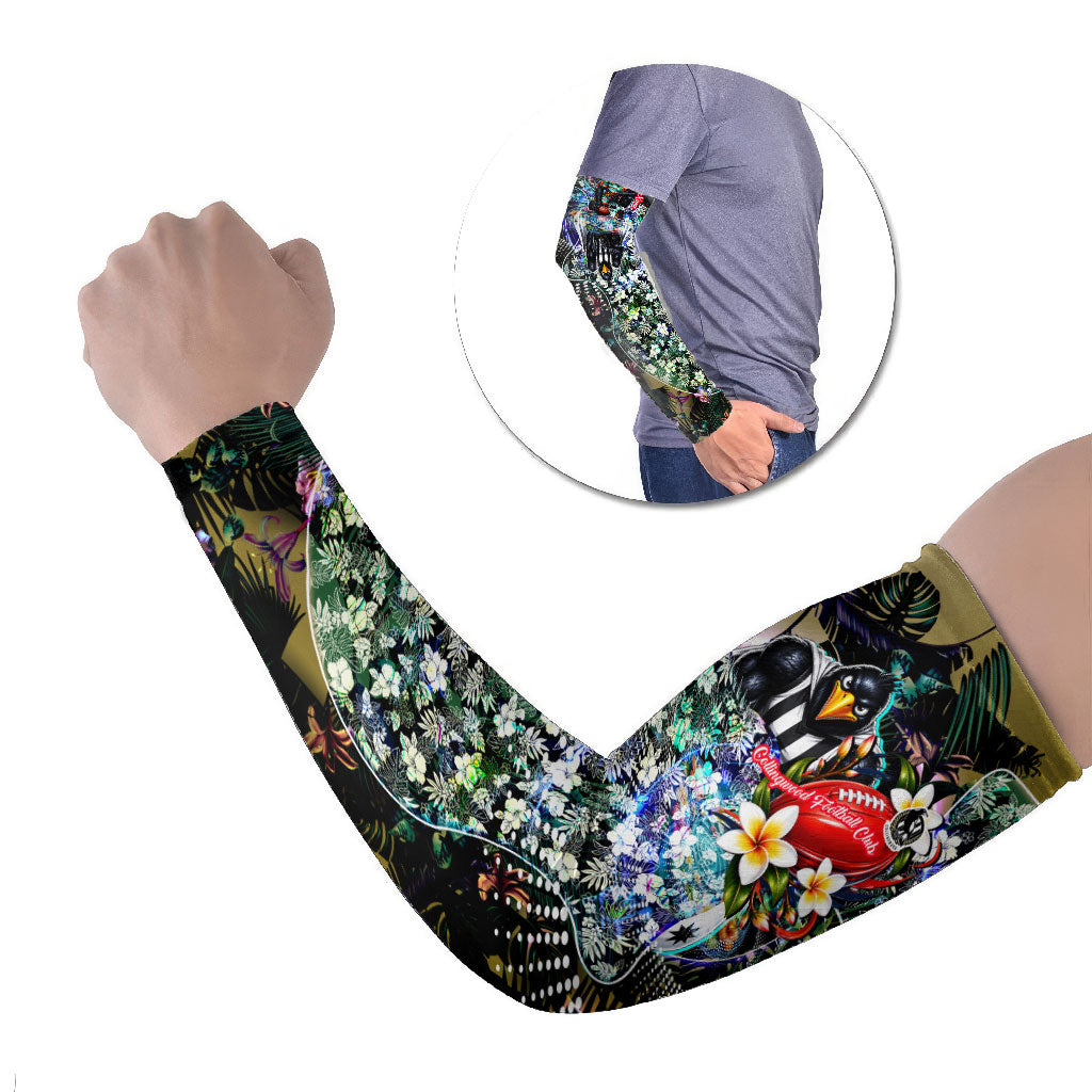 Personalized Collingwood Football Magpies Arm Sleeves Tropical Hibiscus Flowers - Pacific Fusion Style