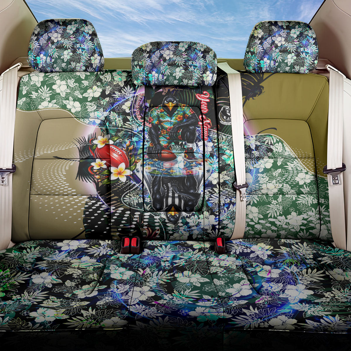 Personalized Collingwood Football Magpies Back Car Seat Cover Tropical Hibiscus Flowers - Pacific Fusion Style