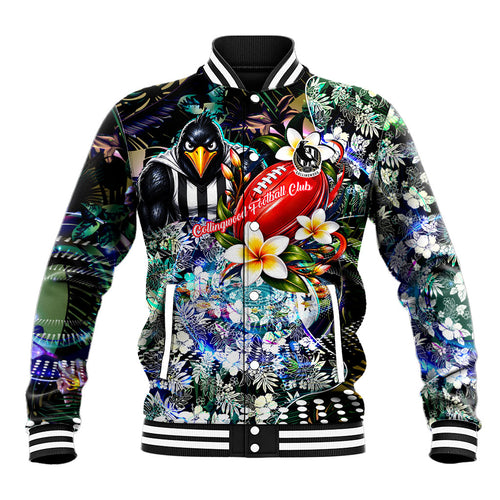 Personalized Collingwood Football Magpies Baseball Jacket Tropical Hibiscus Flowers - Pacific Fusion Style