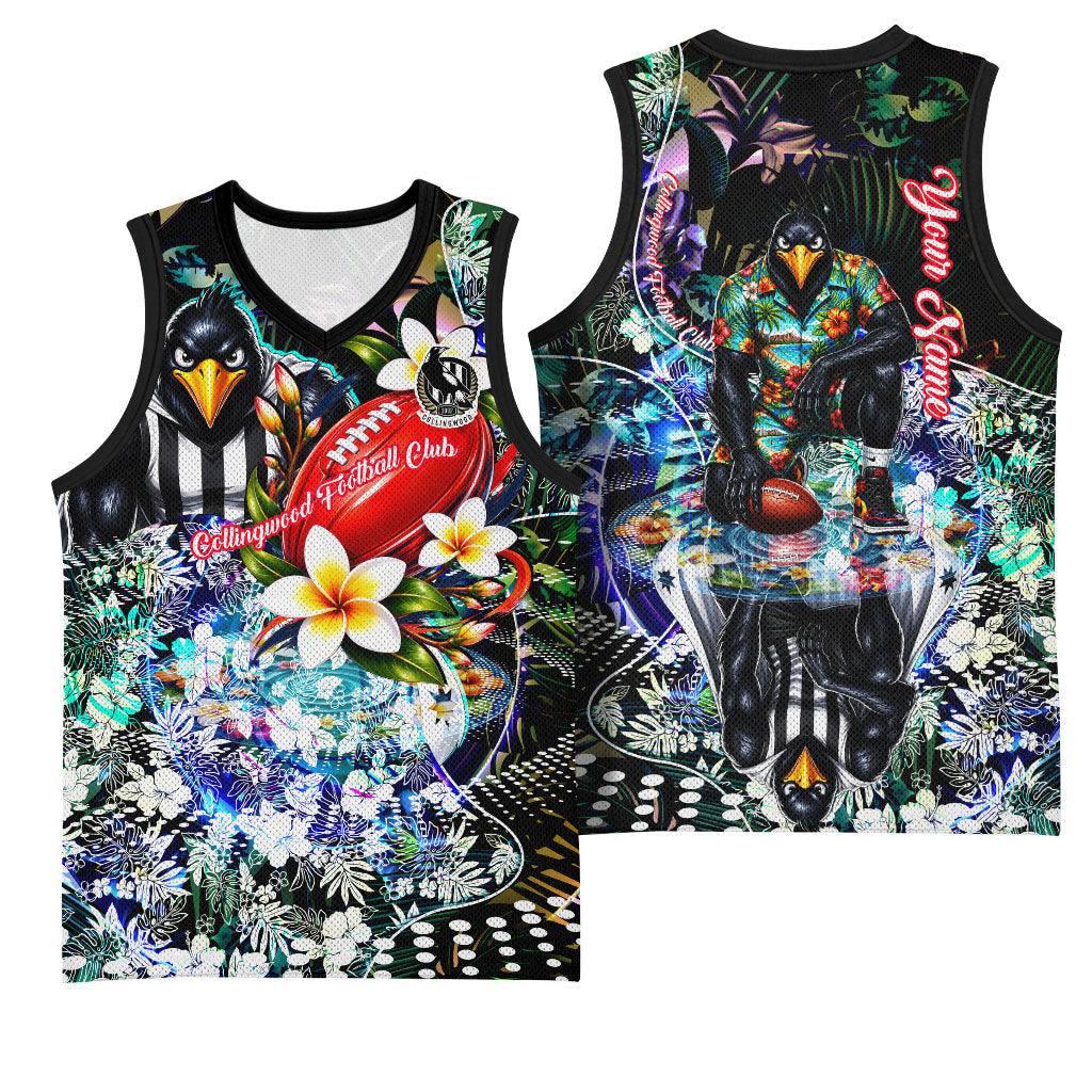 Personalized Collingwood Football Magpies Basketball Jersey Tropical Hibiscus Flowers - Pacific Fusion Style