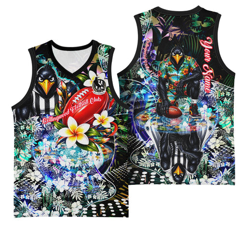 Personalized Collingwood Football Magpies Basketball Jersey Tropical Hibiscus Flowers - Pacific Fusion Style