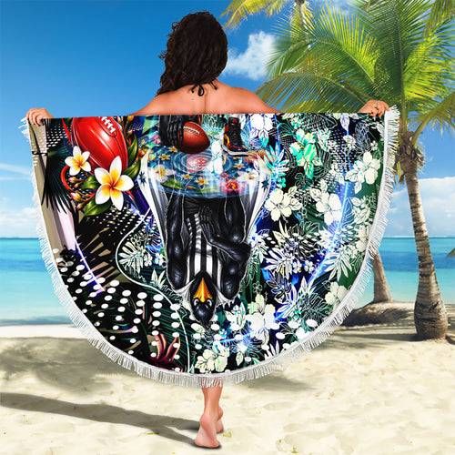 Personalized Collingwood Football Magpies Beach Blanket Tropical Hibiscus Flowers - Pacific Fusion Style