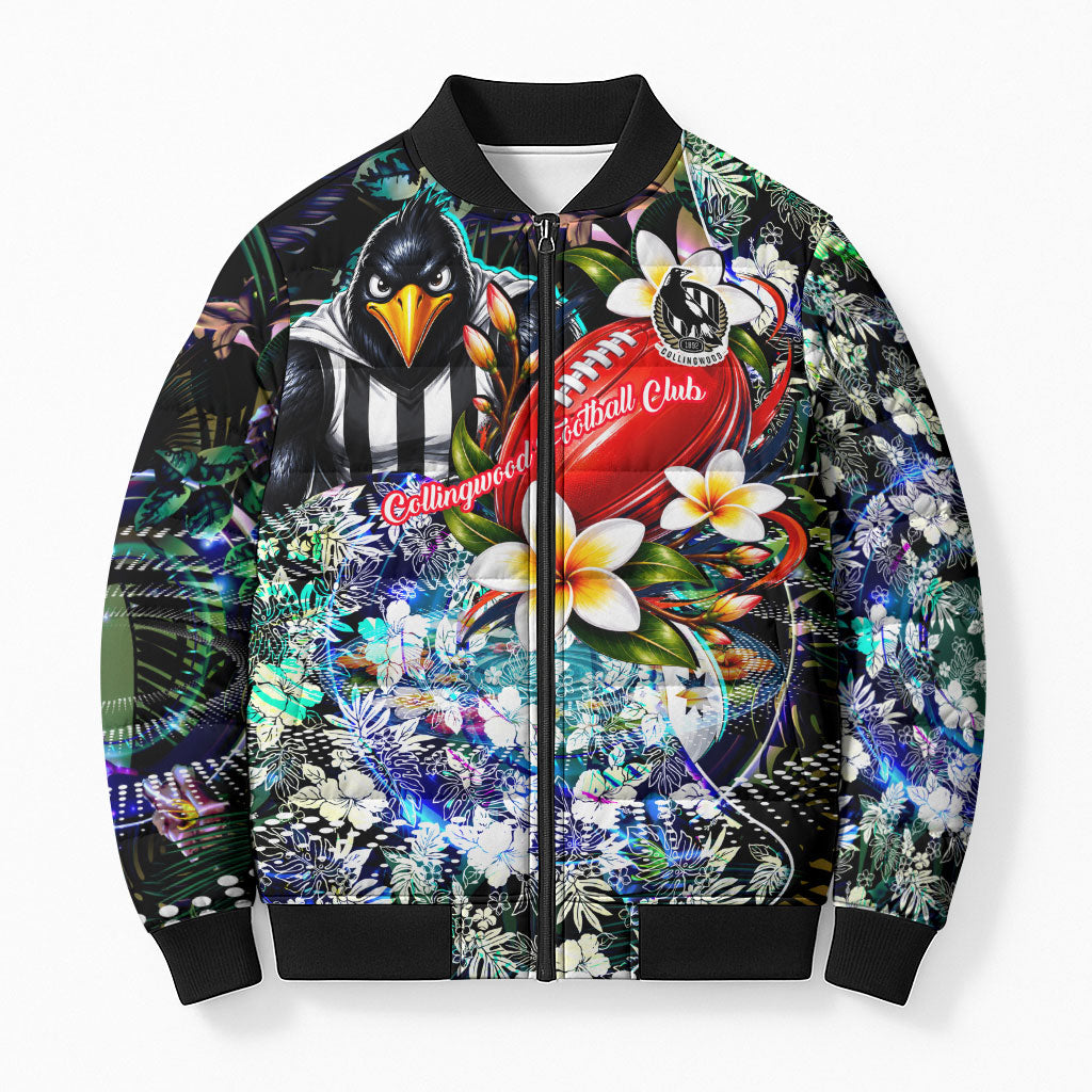 Personalized Collingwood Football Magpies Bomber Puffer Jacket Tropical Hibiscus Flowers - Pacific Fusion Style