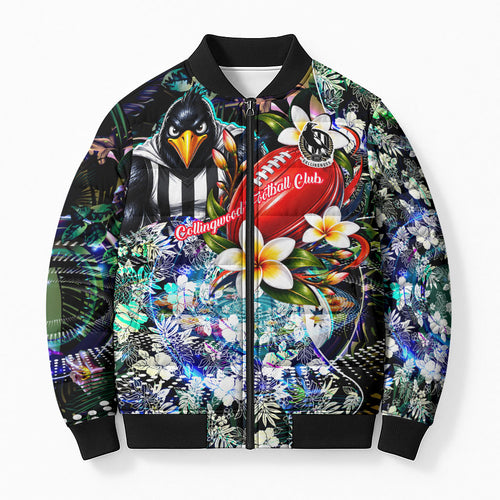 Personalized Collingwood Football Magpies Bomber Puffer Jacket Tropical Hibiscus Flowers - Pacific Fusion Style
