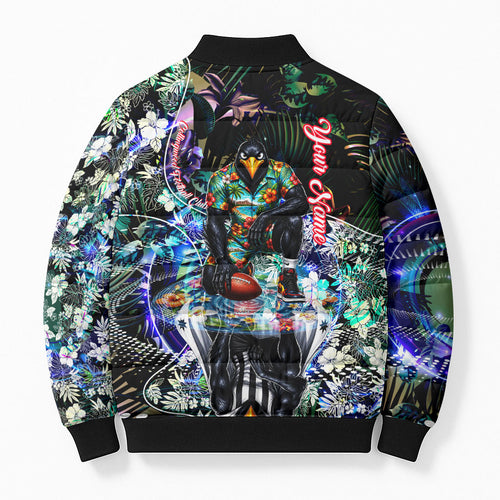 Personalized Collingwood Football Magpies Bomber Puffer Jacket Tropical Hibiscus Flowers - Pacific Fusion Style