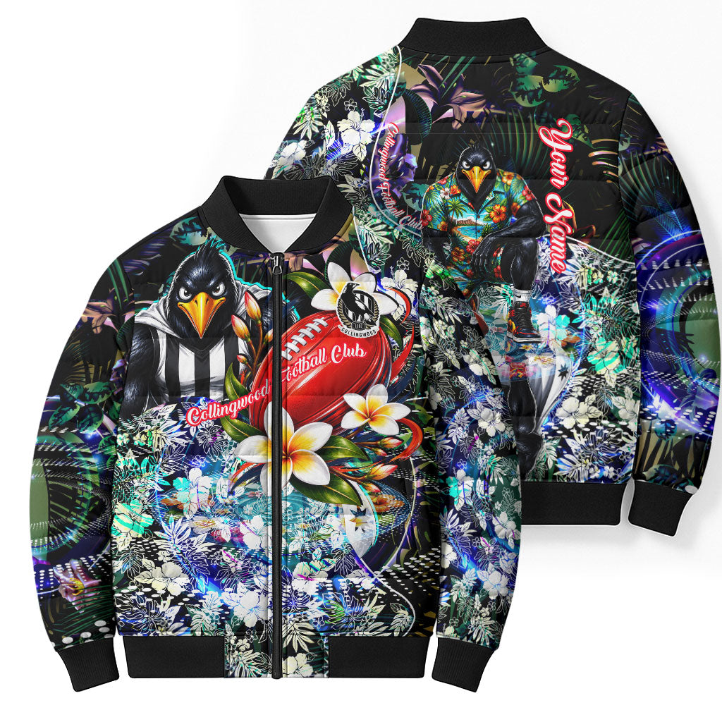 Personalized Collingwood Football Magpies Bomber Puffer Jacket Tropical Hibiscus Flowers - Pacific Fusion Style