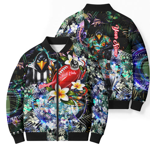 Personalized Collingwood Football Magpies Bomber Puffer Jacket Tropical Hibiscus Flowers - Pacific Fusion Style