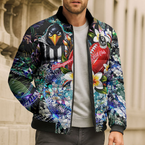 Personalized Collingwood Football Magpies Bomber Puffer Jacket Tropical Hibiscus Flowers - Pacific Fusion Style