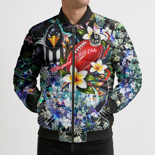 Personalized Collingwood Football Magpies Bomber Puffer Jacket Tropical Hibiscus Flowers - Pacific Fusion Style
