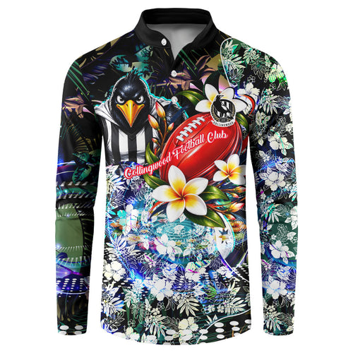 Personalized Collingwood Football Magpies Button Sweatshirt Tropical Hibiscus Flowers - Pacific Fusion Style
