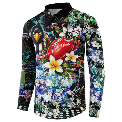 Personalized Collingwood Football Magpies Button Sweatshirt Tropical Hibiscus Flowers - Pacific Fusion Style