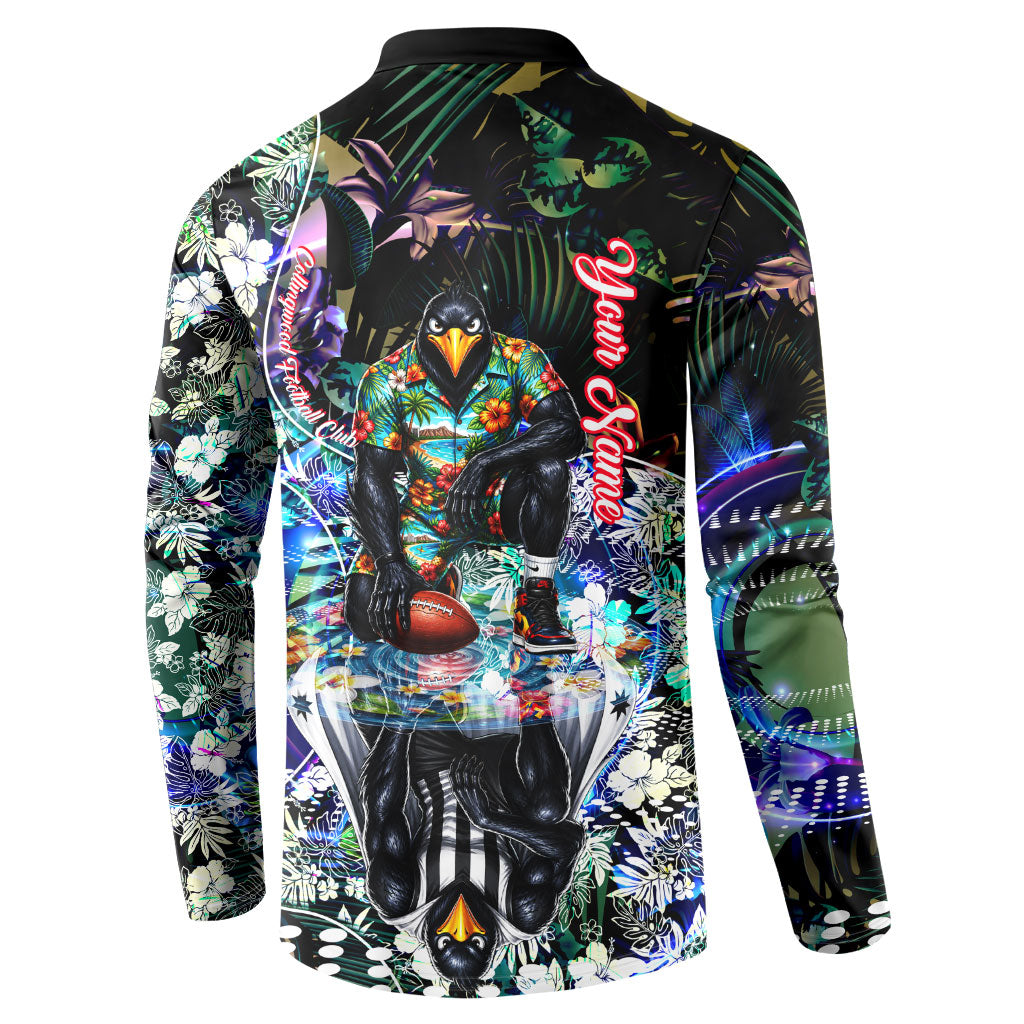 Personalized Collingwood Football Magpies Button Sweatshirt Tropical Hibiscus Flowers - Pacific Fusion Style