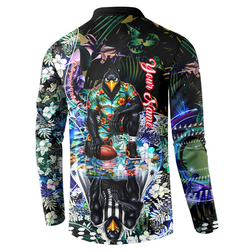 Personalized Collingwood Football Magpies Button Sweatshirt Tropical Hibiscus Flowers - Pacific Fusion Style