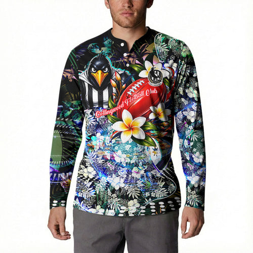 Personalized Collingwood Football Magpies Button Sweatshirt Tropical Hibiscus Flowers - Pacific Fusion Style