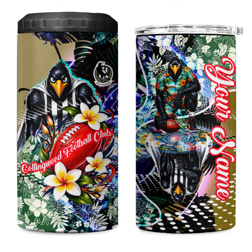 Personalized Collingwood Football Magpies 4 in 1 Can Cooler Tumbler Tropical Hibiscus Flowers - Pacific Fusion Style
