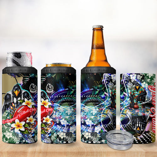 Personalized Collingwood Football Magpies 4 in 1 Can Cooler Tumbler Tropical Hibiscus Flowers - Pacific Fusion Style