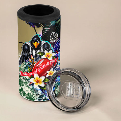 Personalized Collingwood Football Magpies 4 in 1 Can Cooler Tumbler Tropical Hibiscus Flowers - Pacific Fusion Style