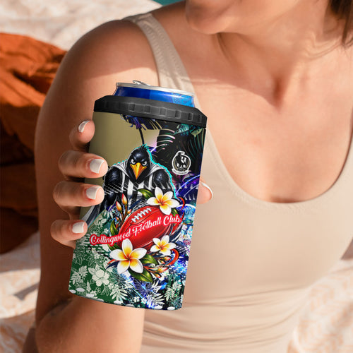 Personalized Collingwood Football Magpies 4 in 1 Can Cooler Tumbler Tropical Hibiscus Flowers - Pacific Fusion Style