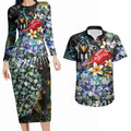 Personalized Collingwood Football Magpies Couples Matching Long Sleeve Bodycon Dress and Hawaiian Shirt Tropical Hibiscus Flowers - Pacific Fusion Style