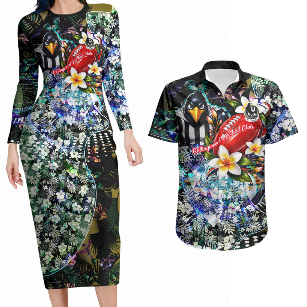 Personalized Collingwood Football Magpies Couples Matching Long Sleeve Bodycon Dress and Hawaiian Shirt Tropical Hibiscus Flowers - Pacific Fusion Style