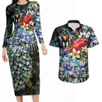 Personalized Collingwood Football Magpies Couples Matching Long Sleeve Bodycon Dress and Hawaiian Shirt Tropical Hibiscus Flowers - Pacific Fusion Style