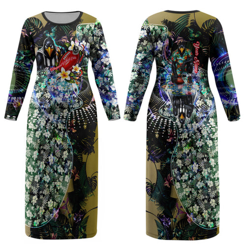 Personalized Collingwood Football Magpies Couples Matching Long Sleeve Bodycon Dress and Hawaiian Shirt Tropical Hibiscus Flowers - Pacific Fusion Style