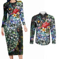 Personalized Collingwood Football Magpies Couples Matching Long Sleeve Bodycon Dress and Long Sleeve Button Shirt Tropical Hibiscus Flowers - Pacific Fusion Style