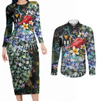 Personalized Collingwood Football Magpies Couples Matching Long Sleeve Bodycon Dress and Long Sleeve Button Shirt Tropical Hibiscus Flowers - Pacific Fusion Style
