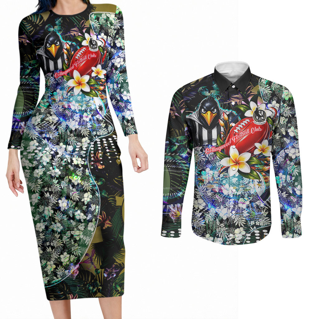 Personalized Collingwood Football Magpies Couples Matching Long Sleeve Bodycon Dress and Long Sleeve Button Shirt Tropical Hibiscus Flowers - Pacific Fusion Style