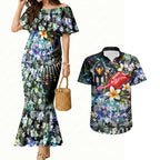 Personalized Collingwood Football Magpies Couples Matching Mermaid Dress and Hawaiian Shirt Tropical Hibiscus Flowers - Pacific Fusion Style