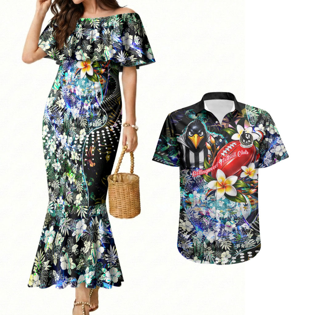 Personalized Collingwood Football Magpies Couples Matching Mermaid Dress and Hawaiian Shirt Tropical Hibiscus Flowers - Pacific Fusion Style