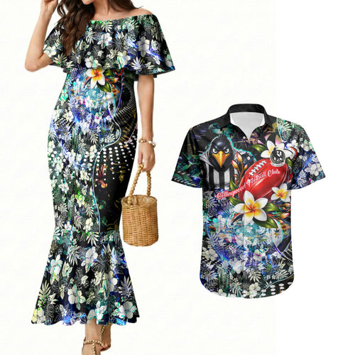 Personalized Collingwood Football Magpies Couples Matching Mermaid Dress and Hawaiian Shirt Tropical Hibiscus Flowers - Pacific Fusion Style