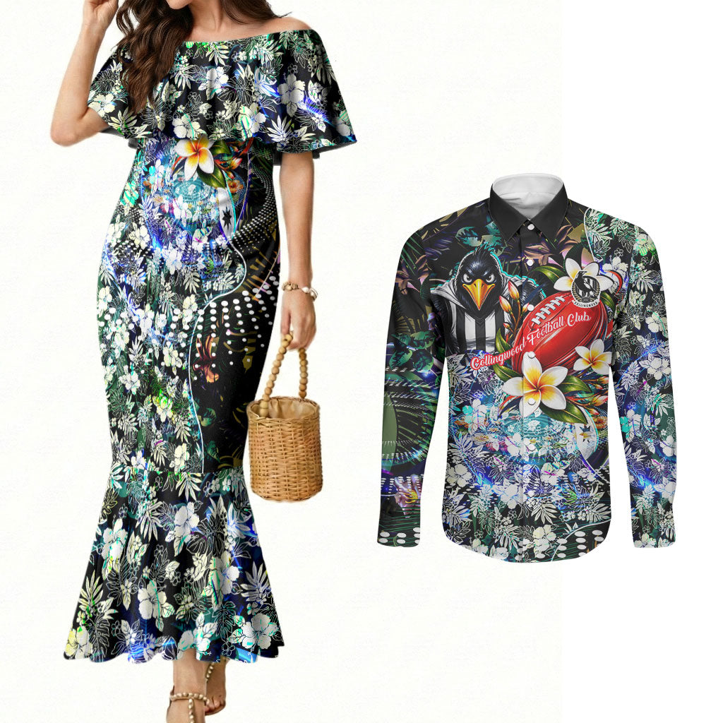 Personalized Collingwood Football Magpies Couples Matching Mermaid Dress and Long Sleeve Button Shirt Tropical Hibiscus Flowers - Pacific Fusion Style